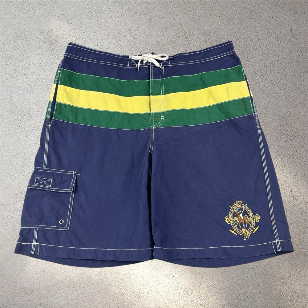 Vintage 80s Polo Ralph Lauren Men's Big Pony Swimming Trunks XL Cargo Blue EUC